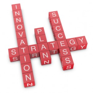 Strategy, innovation and planning crossword on white background